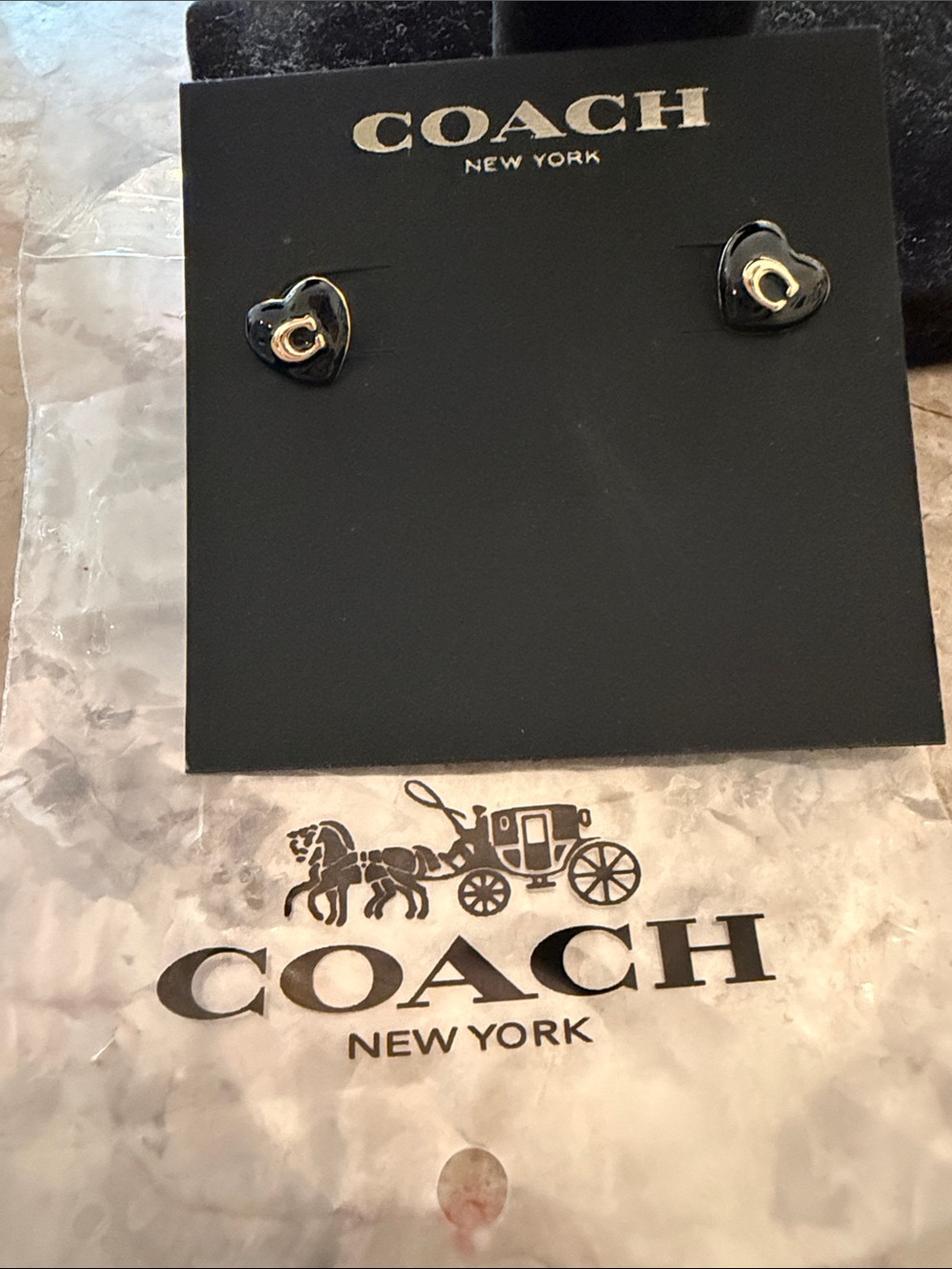 Coach Black Heart C Logo Gold-Tone Stud Earrings